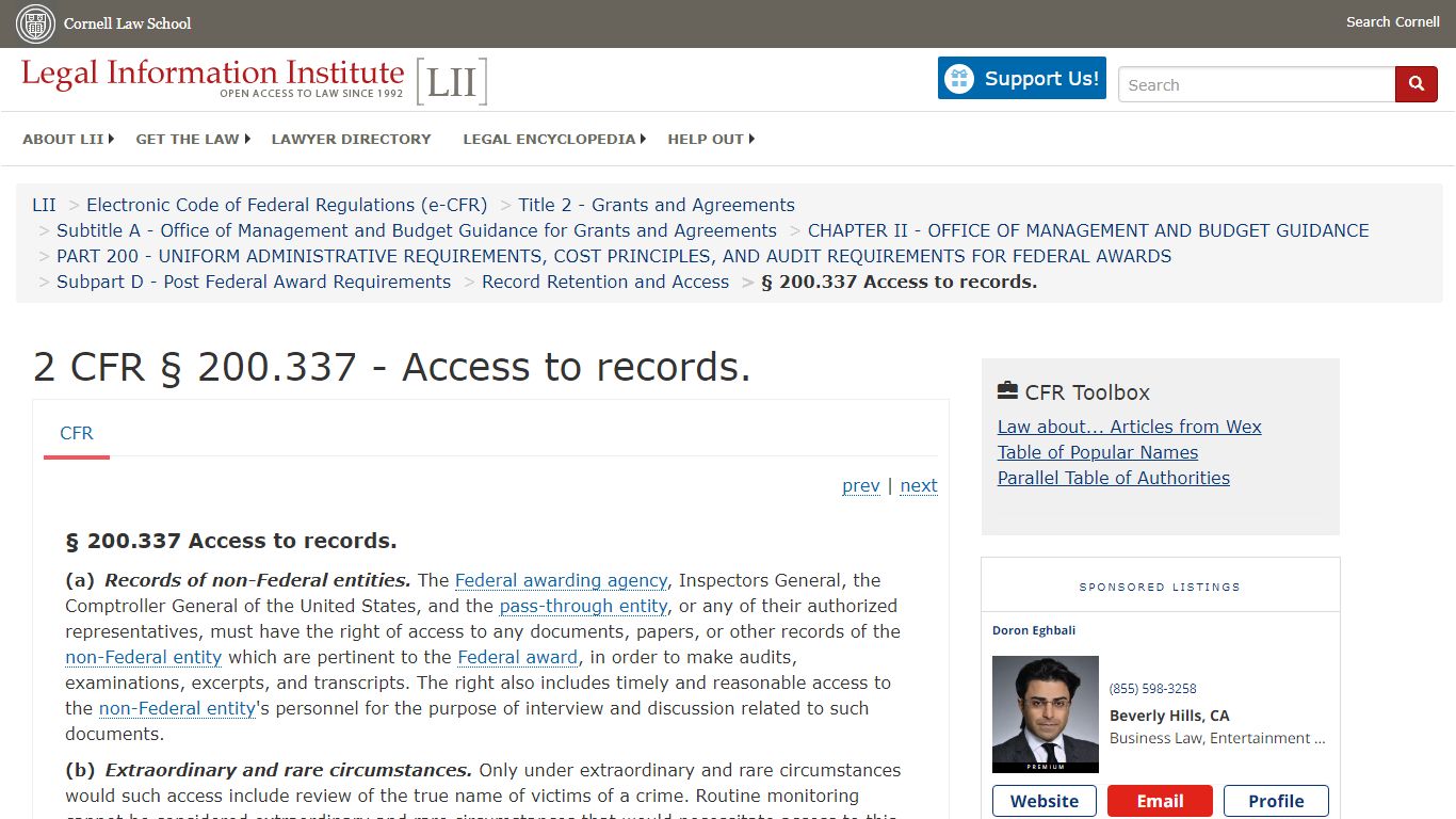 2 CFR § 200.337 - Access to records. | CFR | US Law | LII / Legal ...